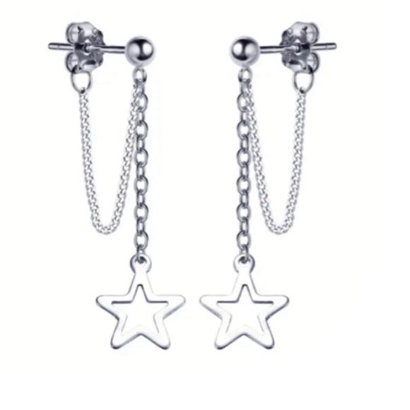 Silver Star Chain Dangle Earrings | Stainless Steel Double Drop Studs - Picture 1 of 6